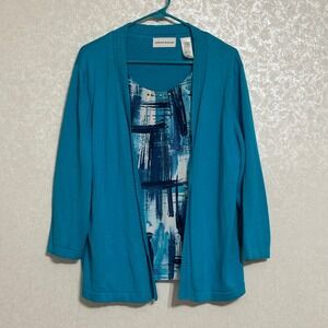 Alfred Dunner Teal Blue Knit Cardigan Layered Shirt Duet Top Abstract print Sz L